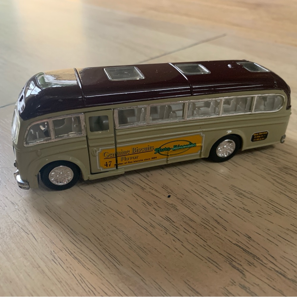 Vintage Diecast Style Toy Bus with Maroon and Cream Colors
